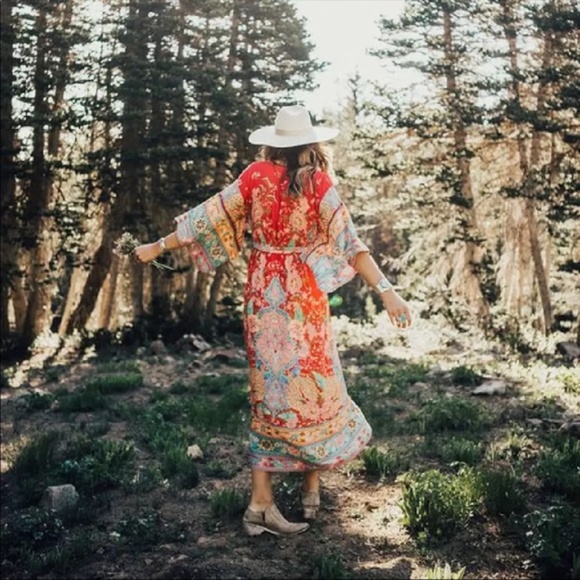 Boho Kimono Dress Floral Print Midi Gypsy Red - Picture 2 of 11